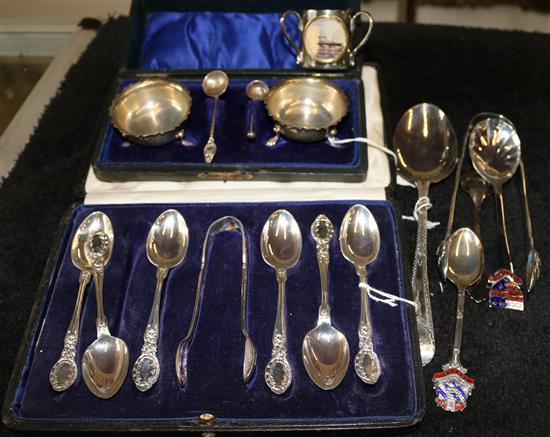 George III bright-cut silver tablespoon, 6 silver teaspoons & tongs, pair silver salts (both cased), silver tongs, souvenir spoons etc